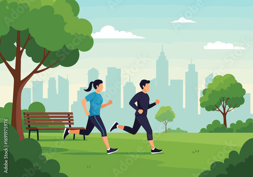 Couple enjoys a healthy morning jog in a beautiful city park surrounded by lush greenery and tall buildings