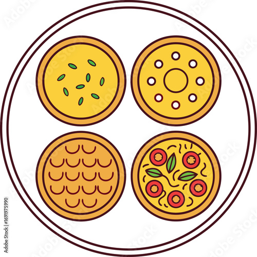 Four delicious circular pizzas arranged in a round plate ready to be eaten