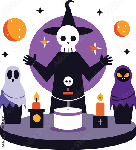 Halloween Witchcraft Ritual with Skull Ghosts Candles and Cake Illustration