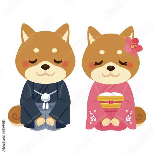 晴れ姿の戌年のキャラクター　男女　お辞儀
