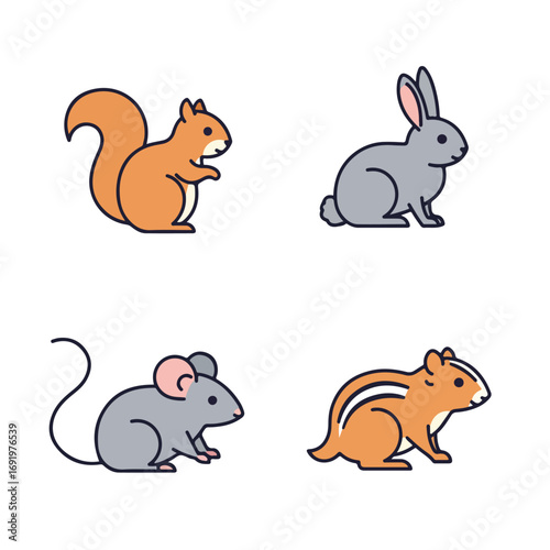 Four stylized cartoon rodents