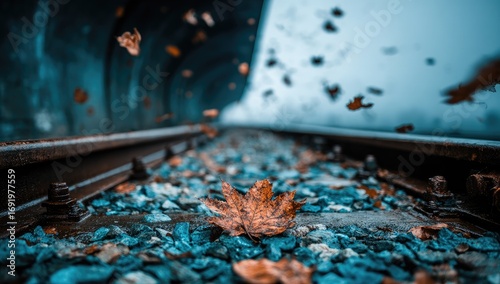 Autumnal railroad tracks with fallen leaves