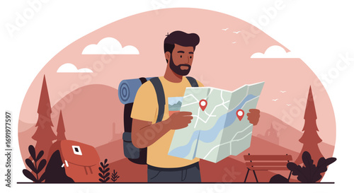 Hiker viewing map in mountains