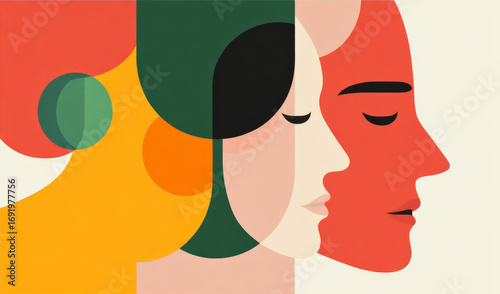 Surreal abstract faces in profile with geometric shapes for modern art design