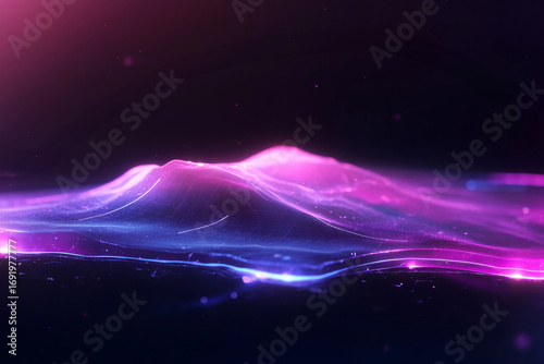 Abstract neon landscape with glowing pink and blue light waves on dark background