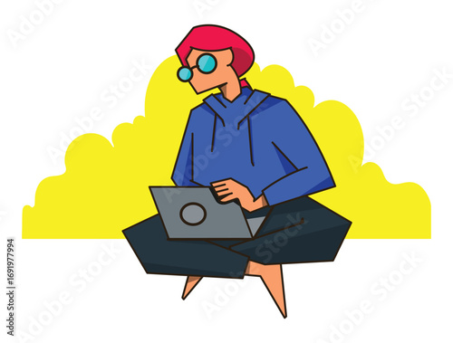 A girl sitting with a laptop.Student, office worker, Freelance vector illustration, flat color, isolated character designs.