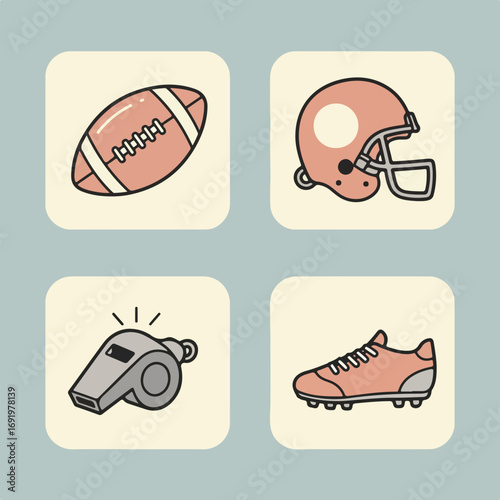 Four tiles football, helmet, whistle, cleats in soft color palette