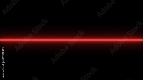 A vibrant red laser beam cuts horizontally through the darkness on a solid black background.