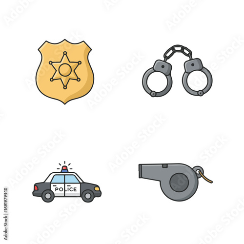 Law icons badge, cuffs, car, whistle (1)