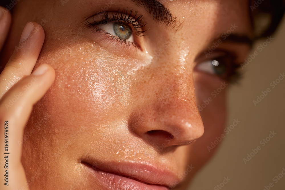 Naklejka premium Close-Up of a Woman With Blurred Background Highlighting Skincare, Wellness, Beauty Concepts for Dermatology, Beauty Products