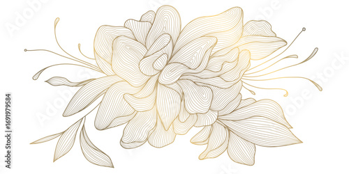 Vector luxurious gold floral vector illustration featuring elegant line art of leaves and blossoms, perfect for vintage inspired wedding cards, botanical wallpapers, or modern spring themed designs.