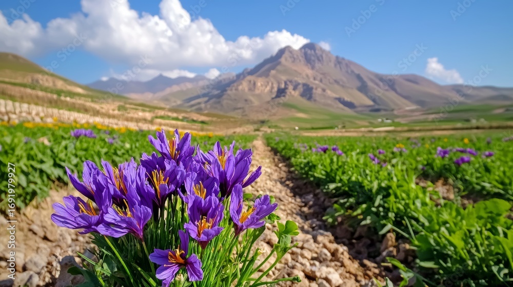 Obraz premium Saffron Flowers Blooming in Mountain Landscape