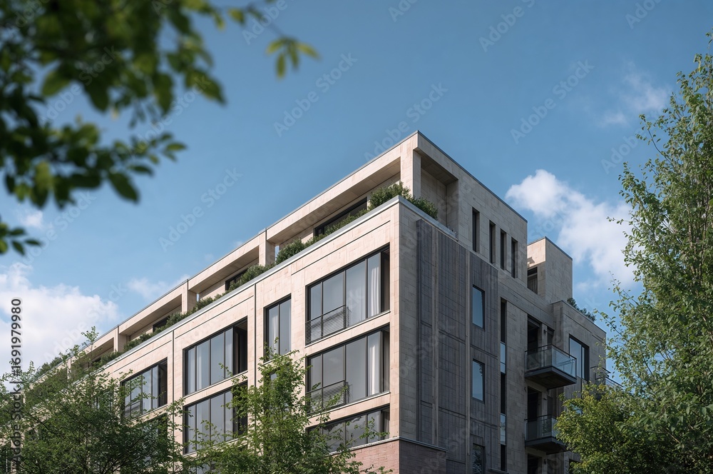 Obraz premium Urban residential building facade with natural stone and large windows