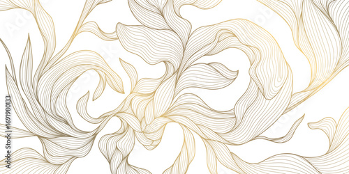 Vector luxurious gold floral vector illustration featuring elegant line art of leaves and blossoms, perfect for vintage inspired wedding cards, botanical wallpapers, or modern spring themed designs.
