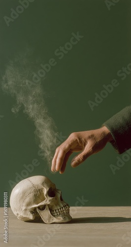 A hand reaching towards a skull, smoke rising