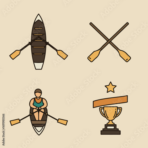 Rowing icons rower, crossed oars, boat, paddles, and a trophy award