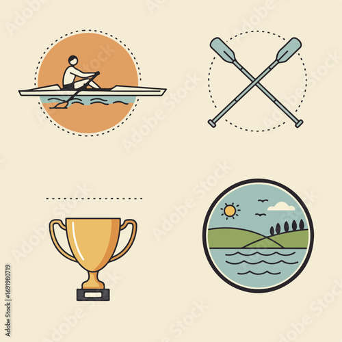 Rowing icons Boat, oars, trophy, lake scene in neutral tones
