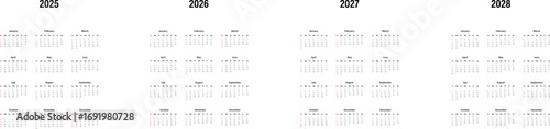 Calendar 2025, 2026, 2027, 2028 years. Calender templates. Planer grid. Week starts Sunday. Planner layout with 12 months. Desk diary in English. Vector illustration. Landscape orientation