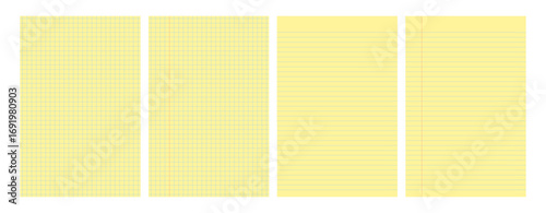 Set of yellow legal pad pages with lined or grid designs