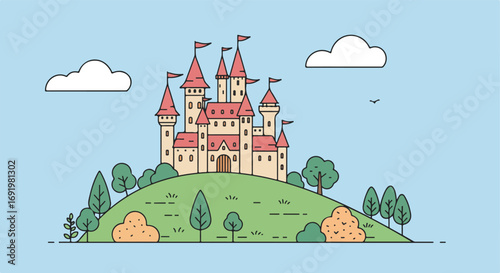 Cartoon castle atop a verdant hill, clouds drift by in a blue sky