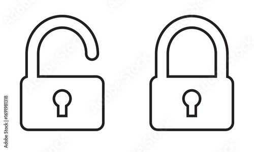 Locked and unlocked  icon.  Open and closed padlock security icons. Black silhouette icons of open and closed padlocks, representing security, privacy, protection. Flat security symbol. 