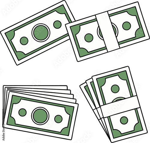 Stylized Dollar Bills in 3x3 Grid – Solid, Outline, and Textured Variations