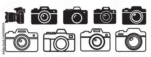 Collection of eight diverse vintage and modern camera silhouettes and outlines isolated on transparent background