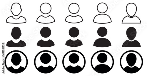 Collection of simple outline and silhouette user profile icons representing diverse individuals isolated on transparent background
