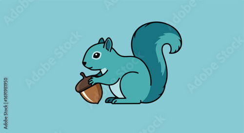 Cartoon squirrel holding an acorn on a light blue background