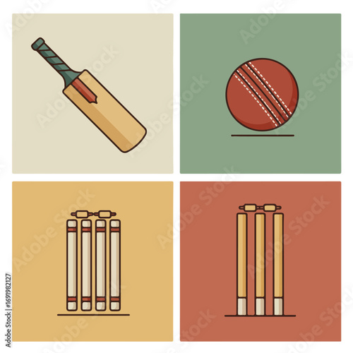 Cricket Gear Bat, ball, & wickets illustrations on warm backgrounds