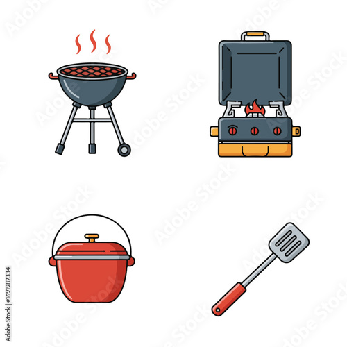 Cooking Tools Grill, stove, pot, and spatula icons in vector format