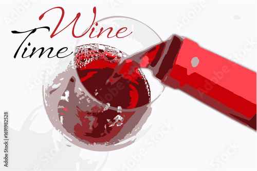 Wine Time - 赤ワインのグラスのベクター素材で、ゆっくりワインを楽しむイメージと、ワイン・タイムWine Timeのロゴマーク
