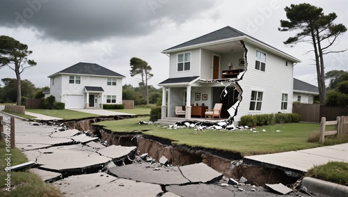 Earthquake Aftermath Reveals Cracked Homes in Suburban Neighborhood on a Cloudy Day