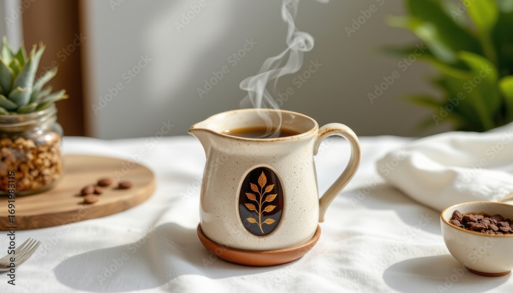 Fototapeta premium a high resolution solar tea brewer designed from stoneware ceramic, highlighted by multi purpose functionality, engineered for durability, shown on seamless white with crisp detail.