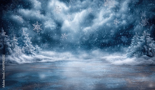 Snowy, dark winter night scene. Frozen landscape