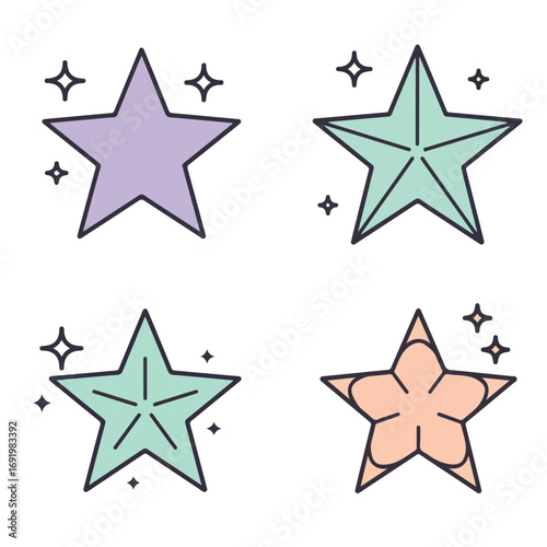Star icons purple, mint, and peach hues, sparkling accents, varied shapes