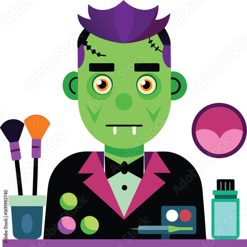 Frankenstein monster makeup artist getting ready for Halloween party with cosmetics