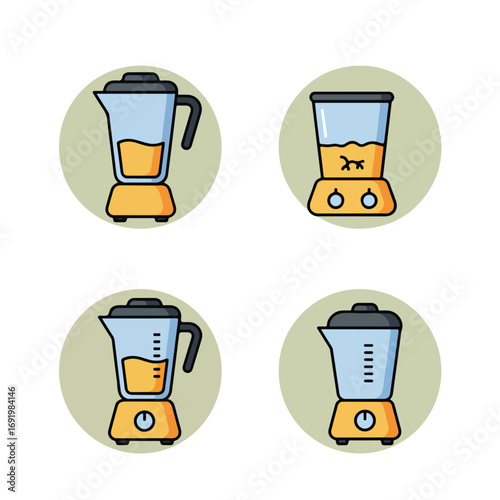 Four circular icons with smoothie maker, orange liquid inside and buttons