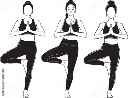Women Practicing Yoga Tree Pose: Balance, Mindfulness, and Wellness Vector Illustration