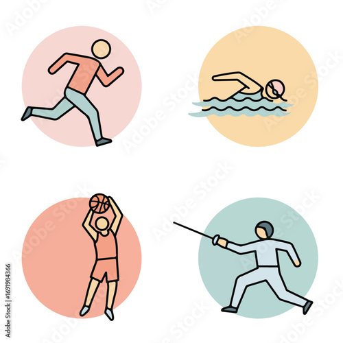 Sports icons Runner, swimmer, basketball player and fencer