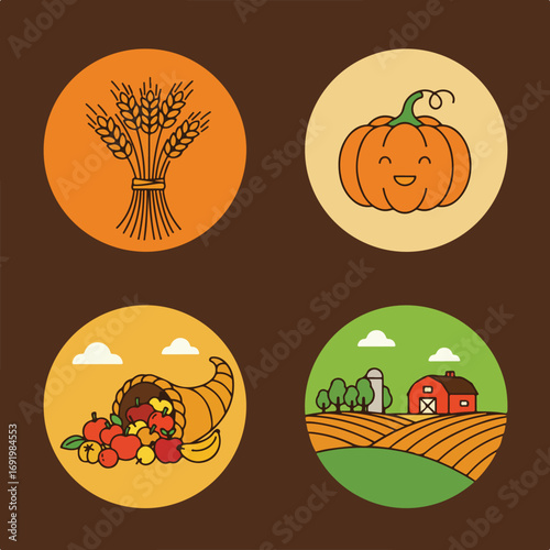 Autumn icons wheat, pumpkin, fruits, barn