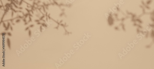 Minimalistic shadow of leaves on beige wall. Modern, abstract style, subtle tones. Background, texture, digital art, modern 90s, Y2K creative banner, social media visuals.