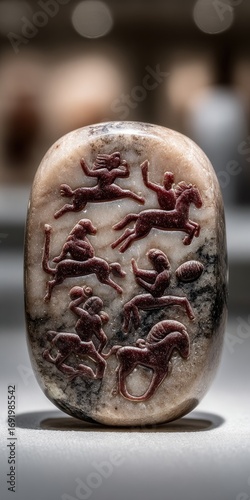 Engraved oval stone, depicting multiple figures on horseback