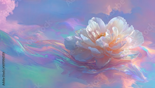 Delicate white peony afloat on swirling iridescent clouds