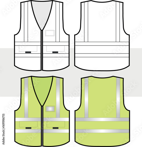 Safety Vest Template Drawing, illustration. Front and Back View. CAD, Mockup set. Vector.