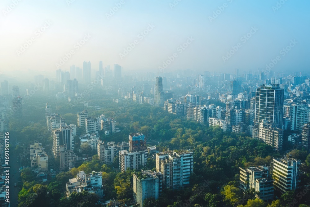 Obraz premium Misty Morning Over the Bustling City: An Aerial Perspective of Urban Landscape