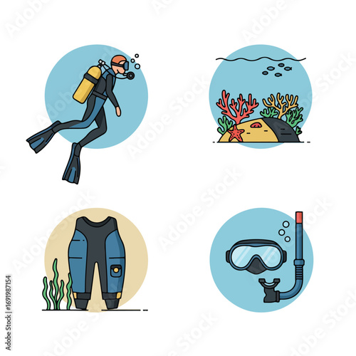 Diving Set diver, corals, fish, outfit, and gear for an underwater adventure