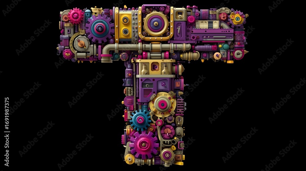 Obraz premium Colorful Steampunk Mechanical Letter T with Intricate Gears