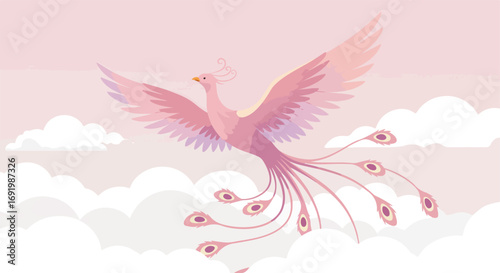 Pink feathered bird soars over soft white clouds