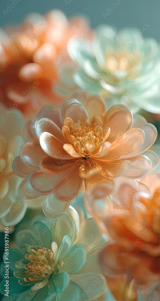 Fototapeta premium Close-up of stylized, pastel flowers. Delicate, vibrant petals in soft peach and mint hues. Focus on the flower's centers